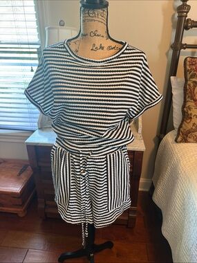 Striped Black and White Short Sleeve Knit top with matching pull on shorts